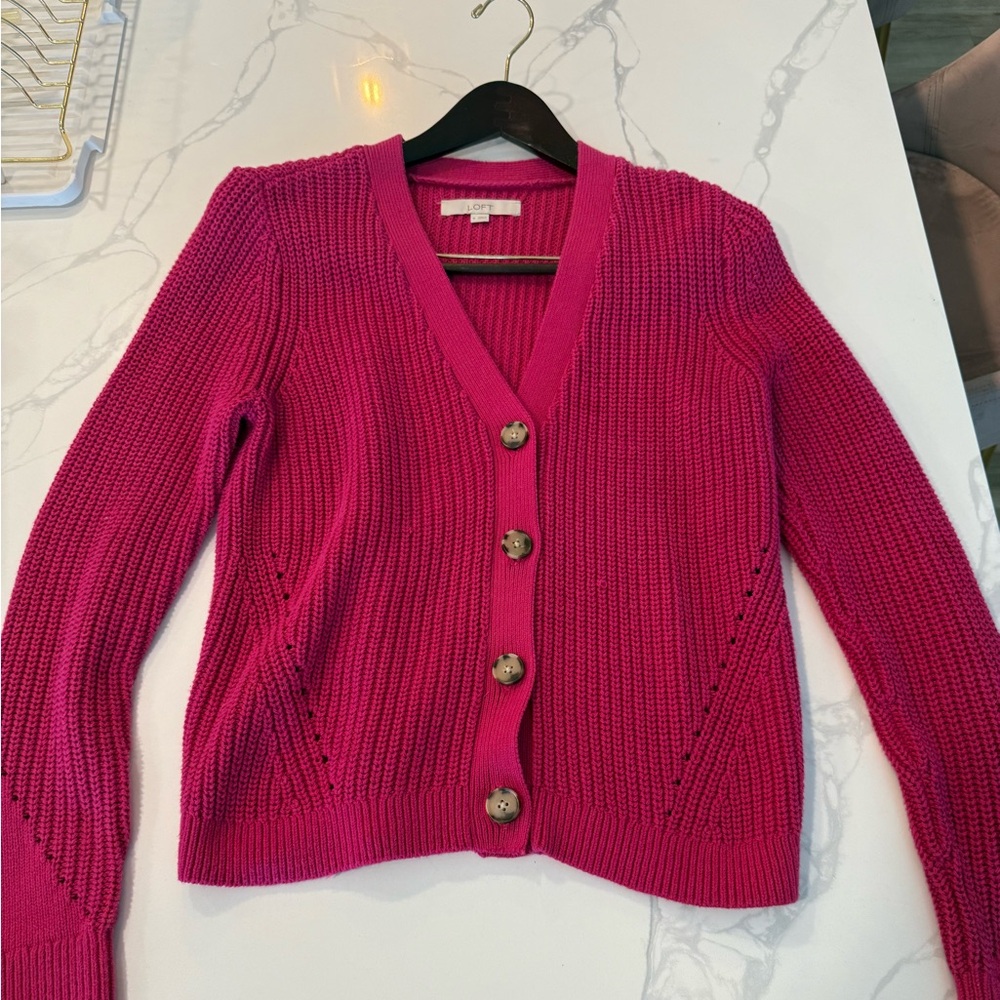 LOFT Fuchsia V-Neck Button-Up Cardigan
